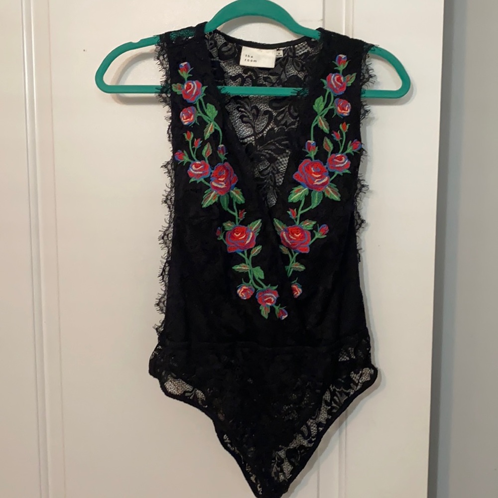 Sexy Rose Lace Bodysuit With Lace Back and Tie Sides